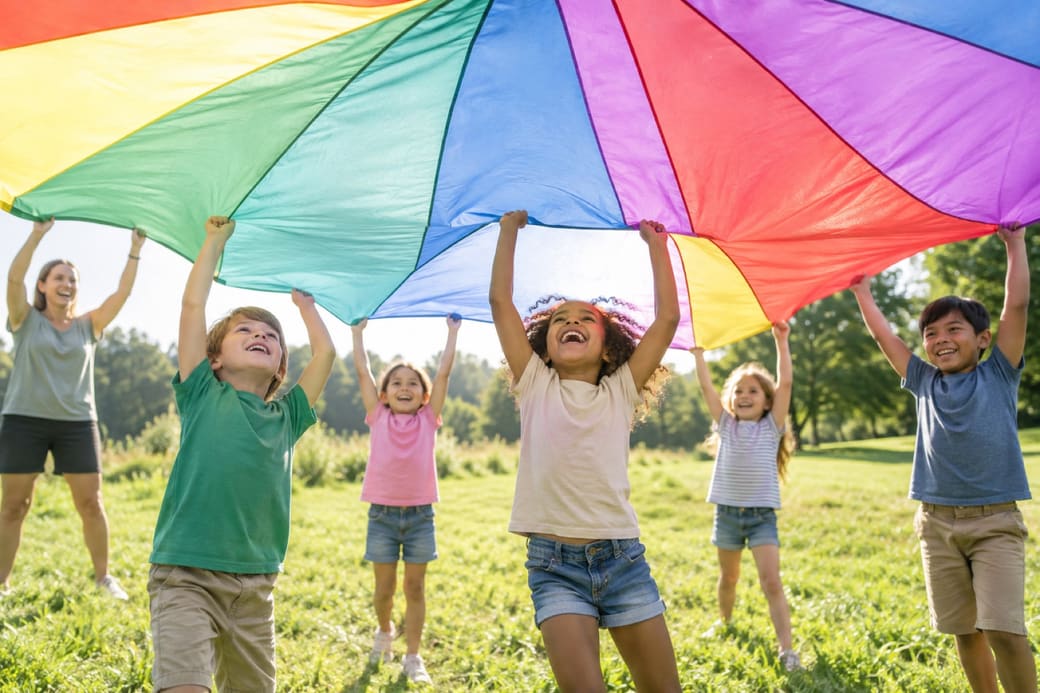 Kids lifting a rainbow parachute together in a sunny field